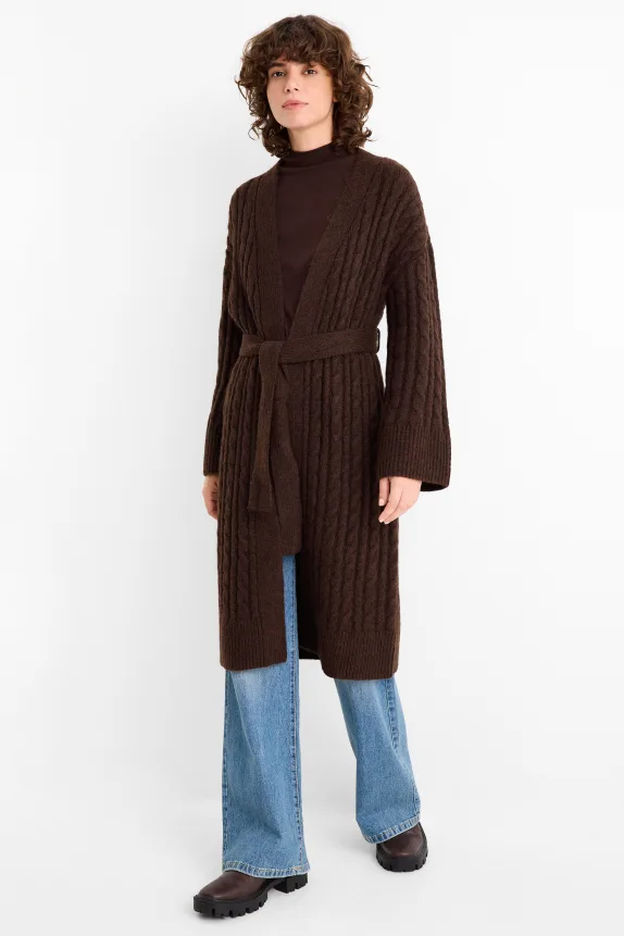 Cardigan - cable knit pattern dark brown