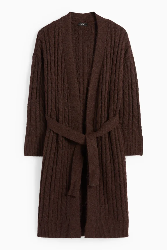 Cardigan - cable knit pattern dark brown