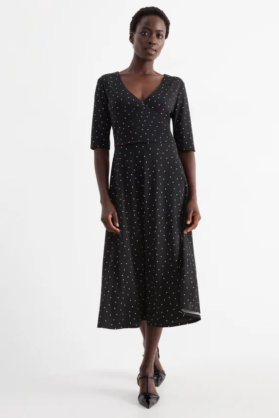V-neck dress - straight fit - polka dot black
