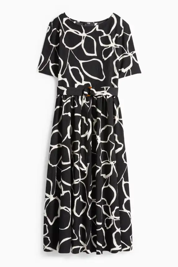 Fit & flare dress with belt - floral - textured black / white