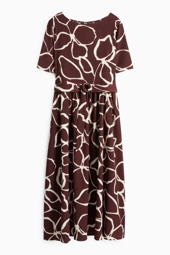 Fit & flare dress with belt - floral - textured bordeaux