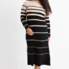 Fit & flare dress - ribbed - striped black / beige