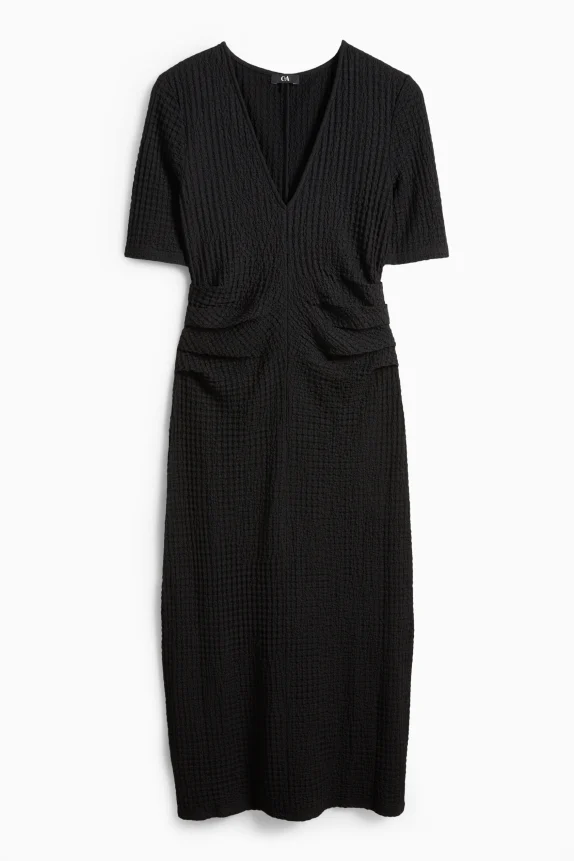 V-neck dress - straight fit - textured black