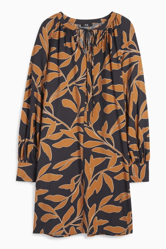 A-line dress - floral black / beige