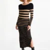 Knitted dress - ribbed - striped black / beige