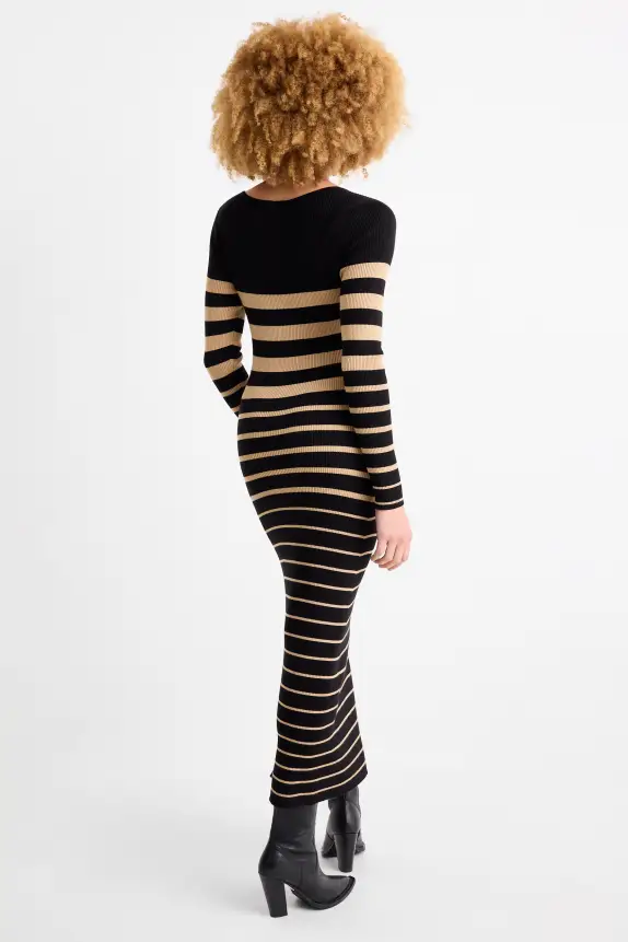 Knitted dress - ribbed - striped black / beige