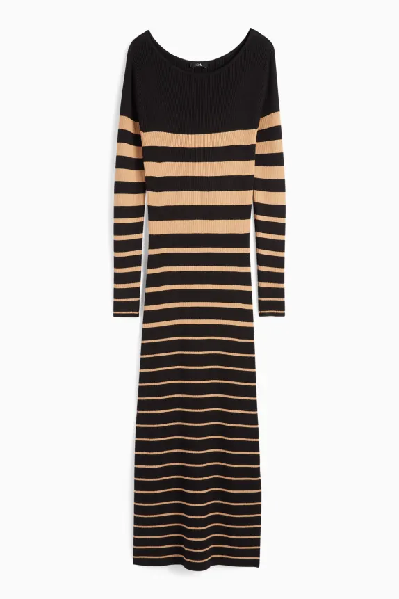 Knitted dress - ribbed - striped black / beige