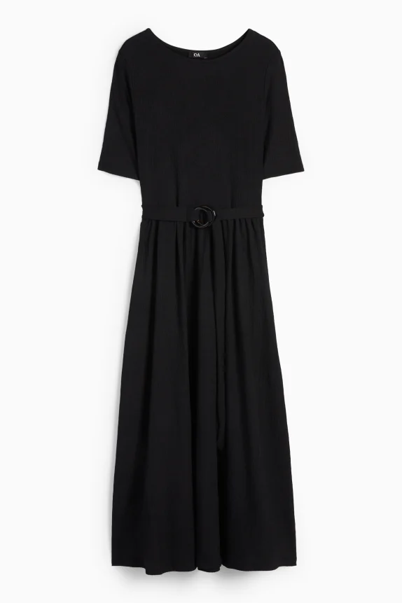 Fit & flare dress with belt - textured black