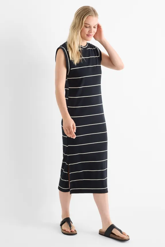 T-shirt dress - ribbed - striped black / beige