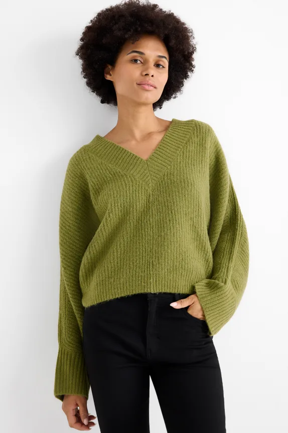 V-neck jumper - ribbed light green