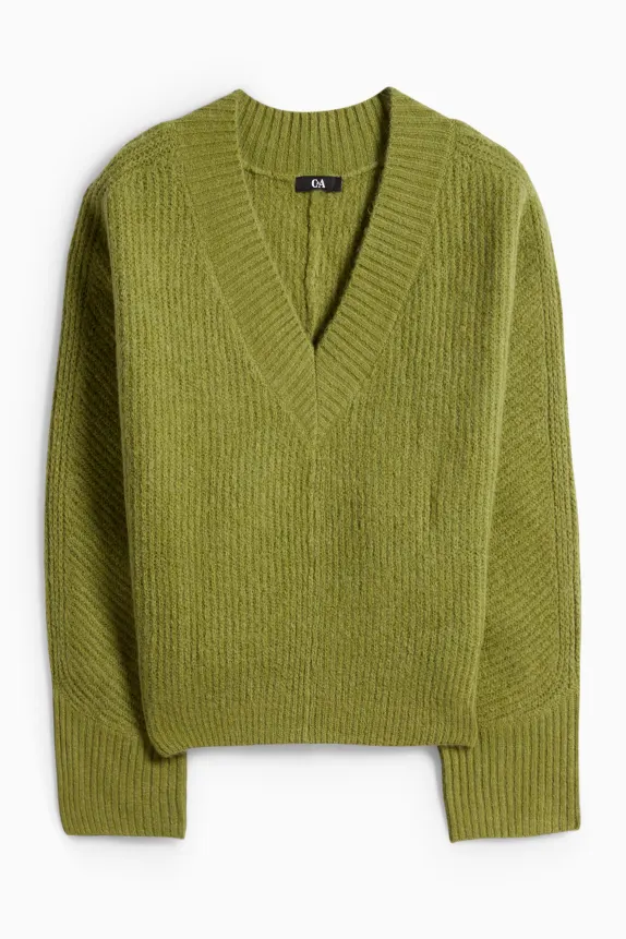V-neck jumper - ribbed light green