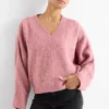 V-neck jumper - ribbed dark rose
