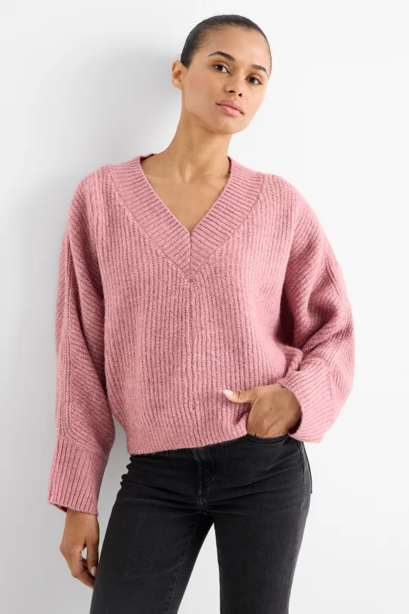 V-neck jumper - ribbed dark rose