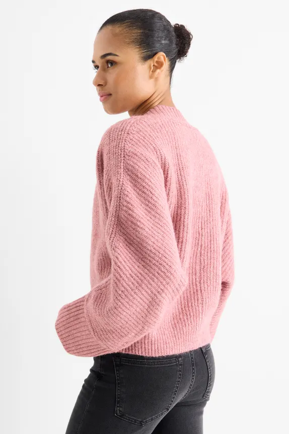 V-neck jumper - ribbed dark rose