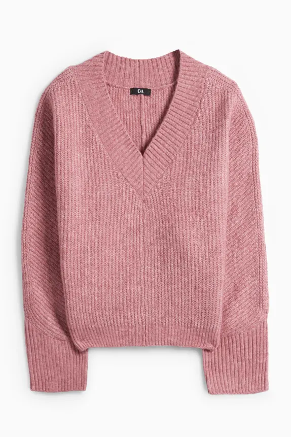 V-neck jumper - ribbed dark rose