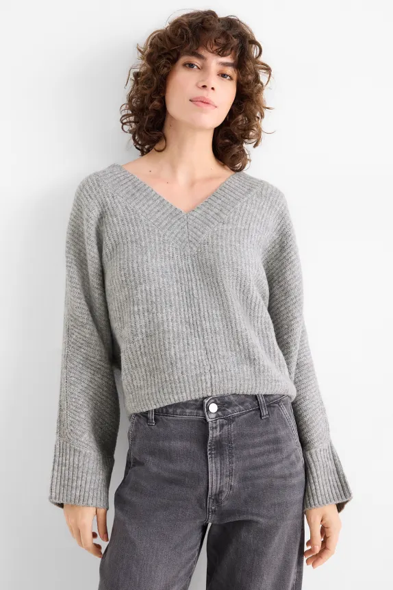 V-neck jumper - ribbed light gray-melange