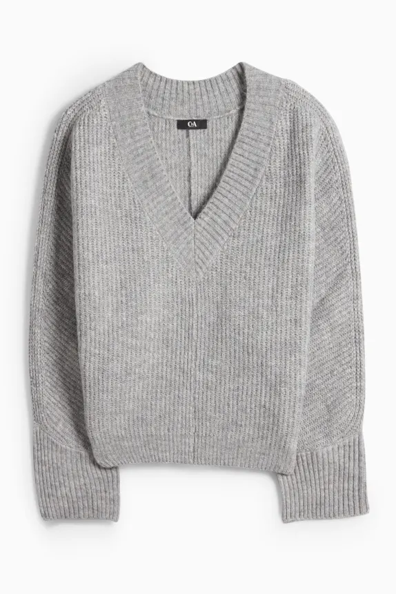 V-neck jumper - ribbed light gray-melange