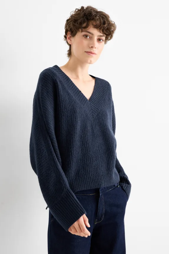 V-neck jumper - ribbed dark blue