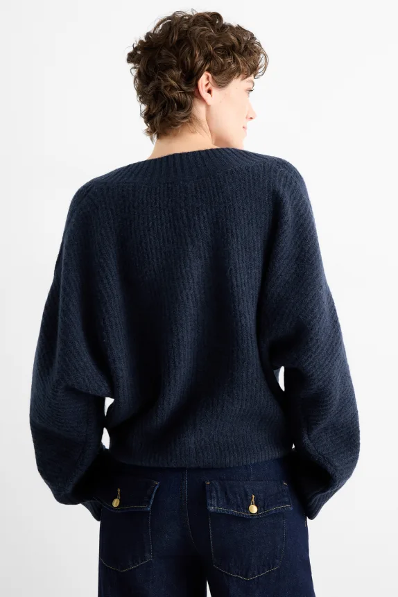 V-neck jumper - ribbed dark blue