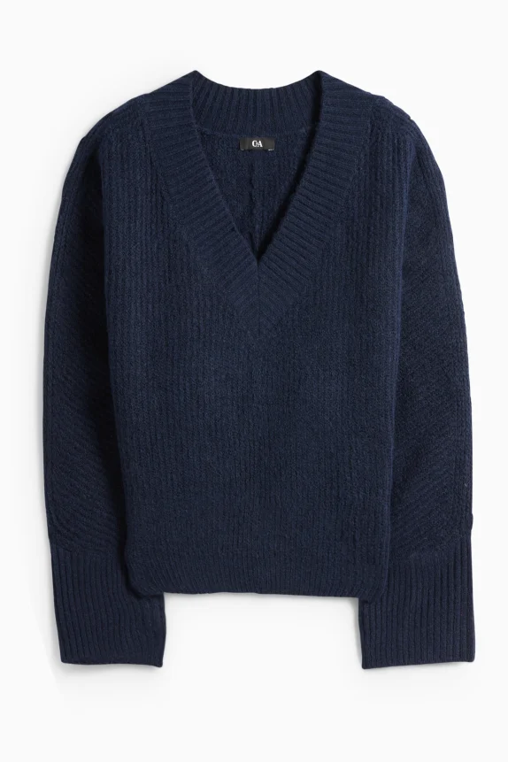 V-neck jumper - ribbed dark blue