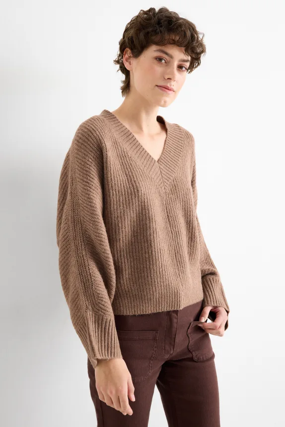 V-neck jumper - ribbed light brown