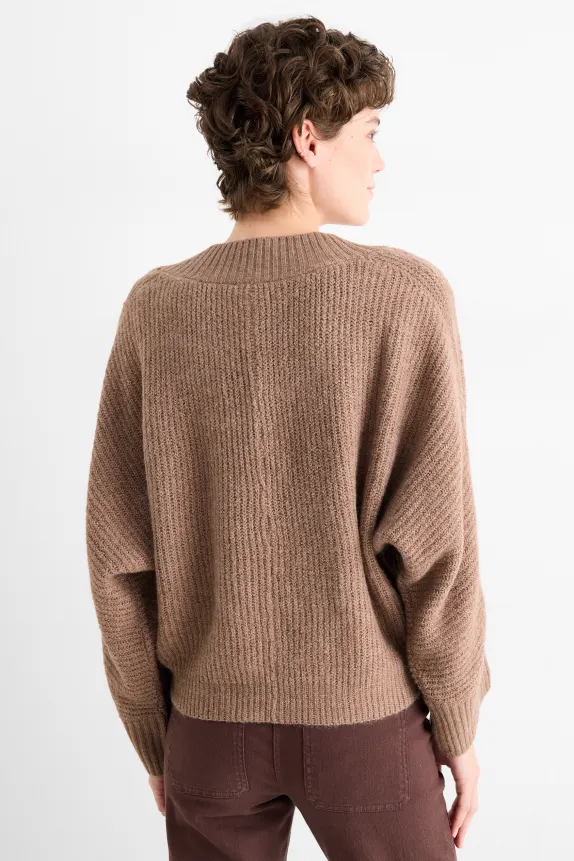 V-neck jumper - ribbed light brown