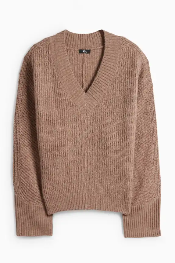 V-neck jumper - ribbed light brown