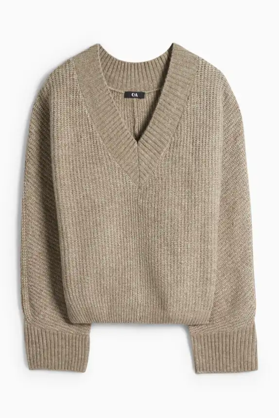 V-neck jumper - ribbed beige