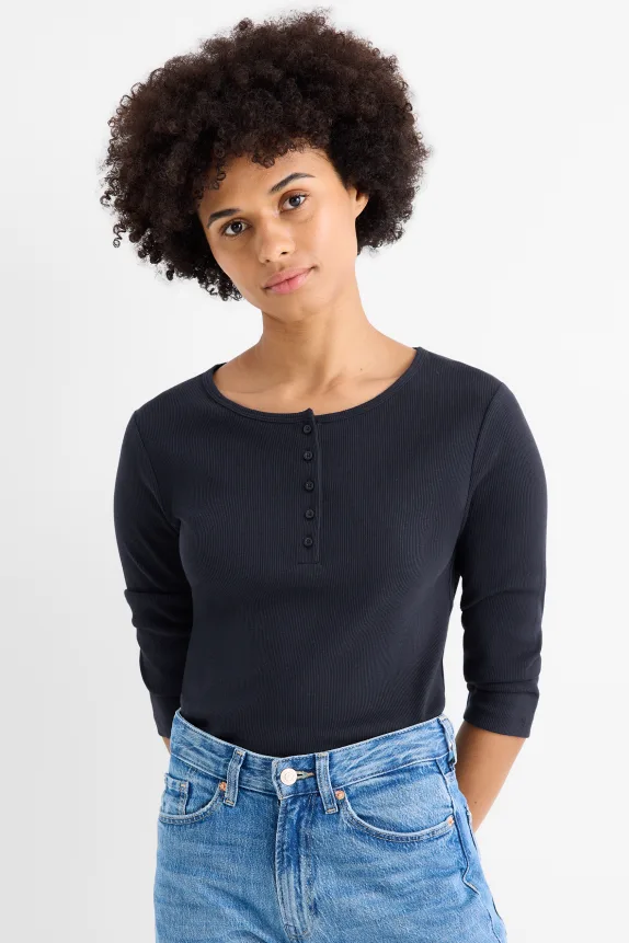 Henley T-shirt - slim fit - ribbed dark blue