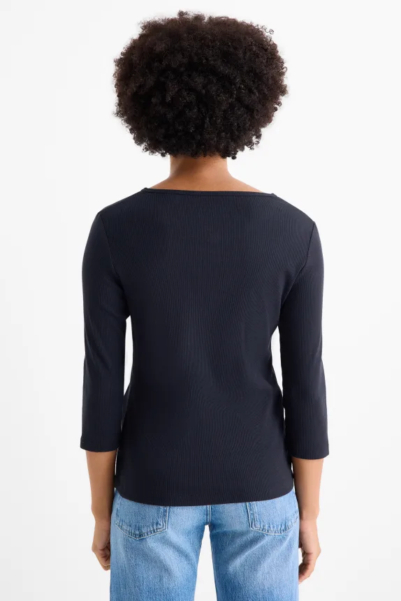 Henley T-shirt - slim fit - ribbed dark blue