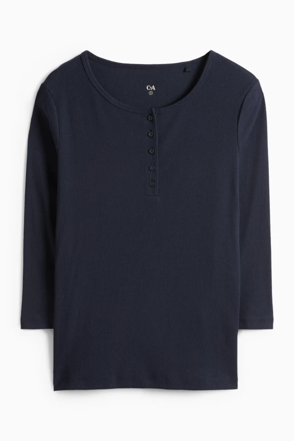 Henley T-shirt - slim fit - ribbed dark blue