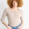 Henley T-shirt - slim fit - ribbed beige