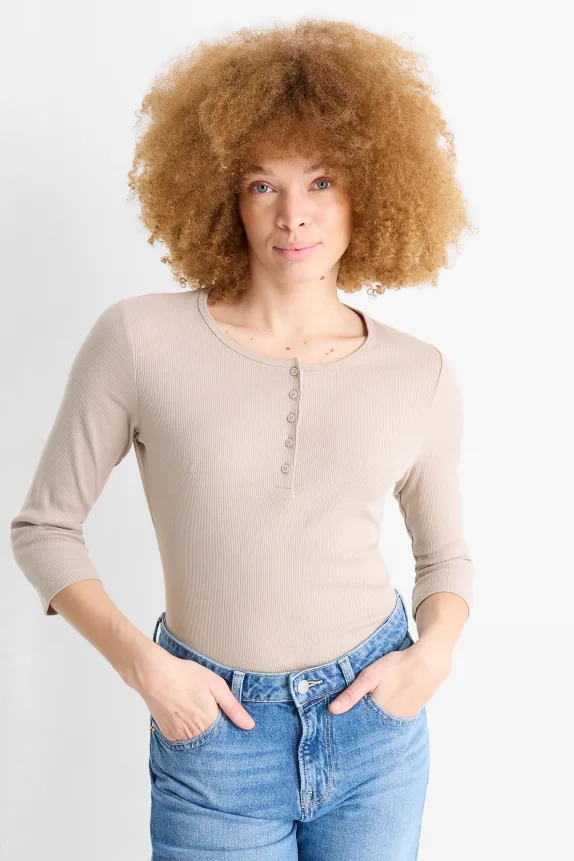 Henley T-shirt - slim fit - ribbed beige