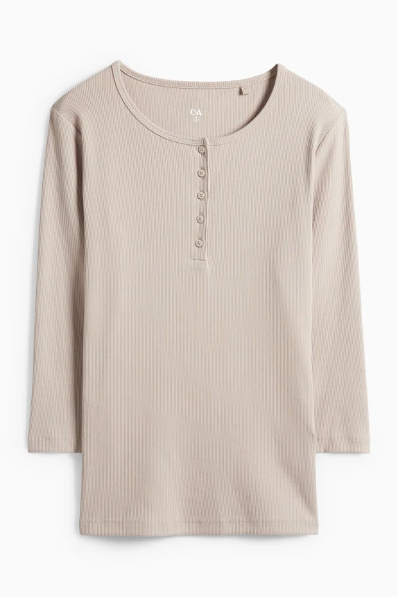 Henley T-shirt - slim fit - ribbed beige