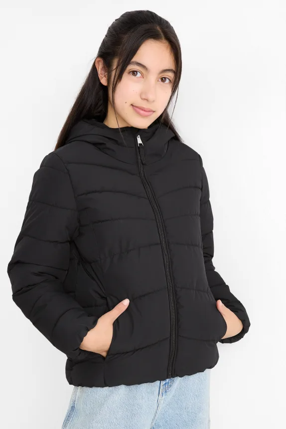 Quilted jacket with hood - water-repellent black