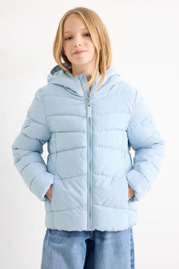 Quilted jacket with hood - water-repellent light blue
