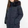 Quilted jacket with hood and faux fur trim dark blue