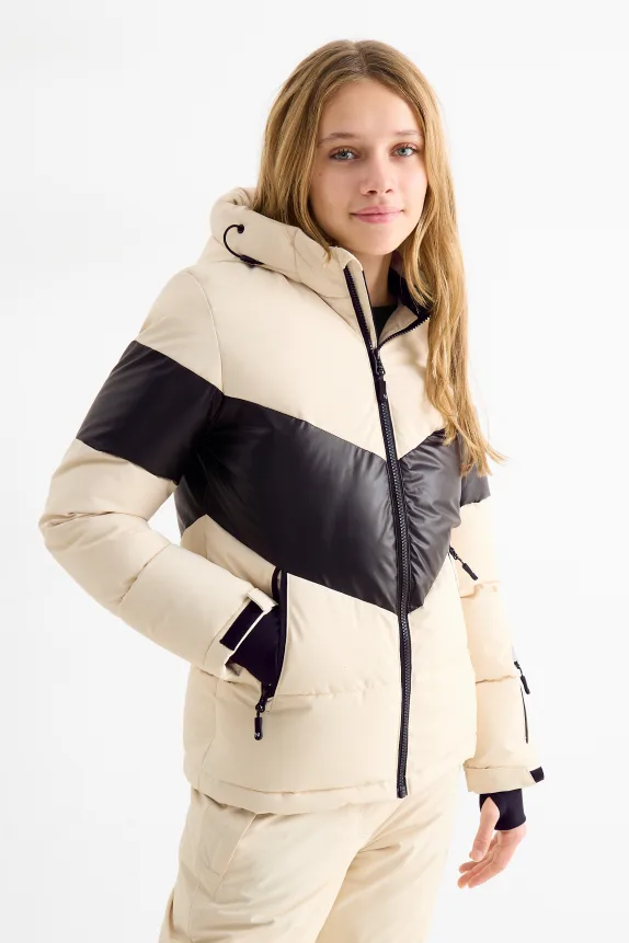 Ski jacket with hood - water-repellent black / beige