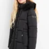 Quilted jacket with hood and faux fur trim black