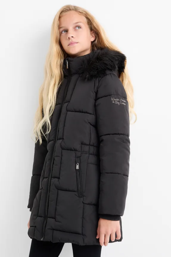 Quilted jacket with hood and faux fur trim black