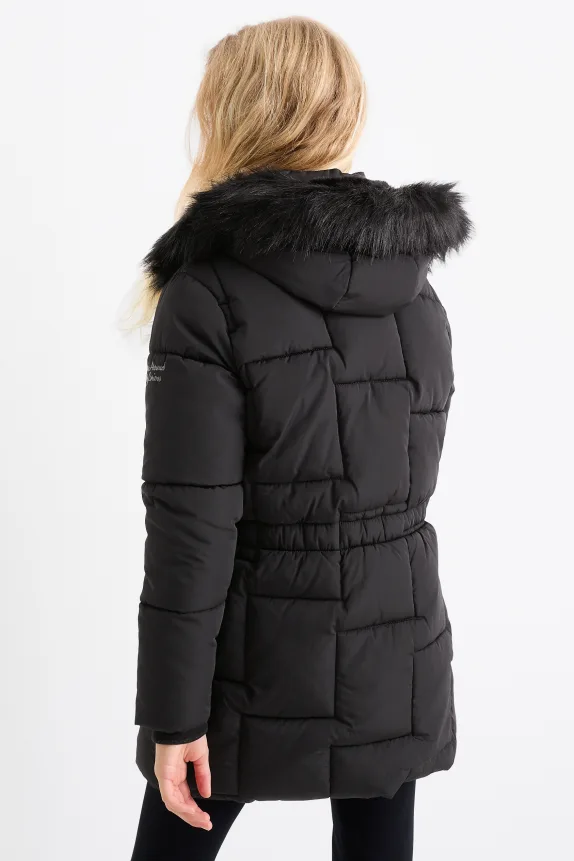 Quilted jacket with hood and faux fur trim black