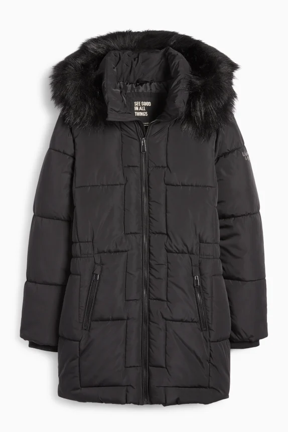 Quilted jacket with hood and faux fur trim black