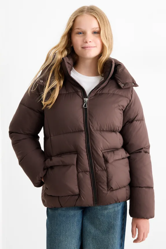 Quilted jacket with hood dark brown