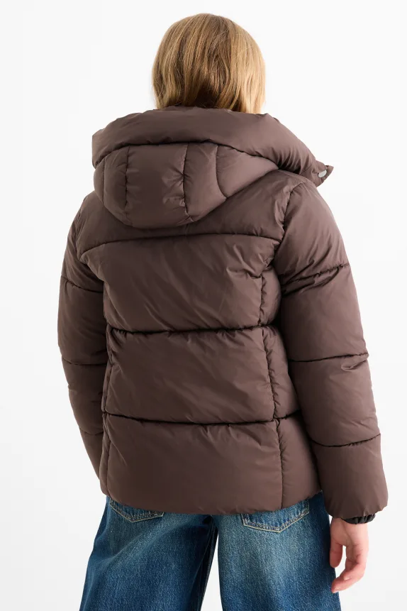 Quilted jacket with hood dark brown