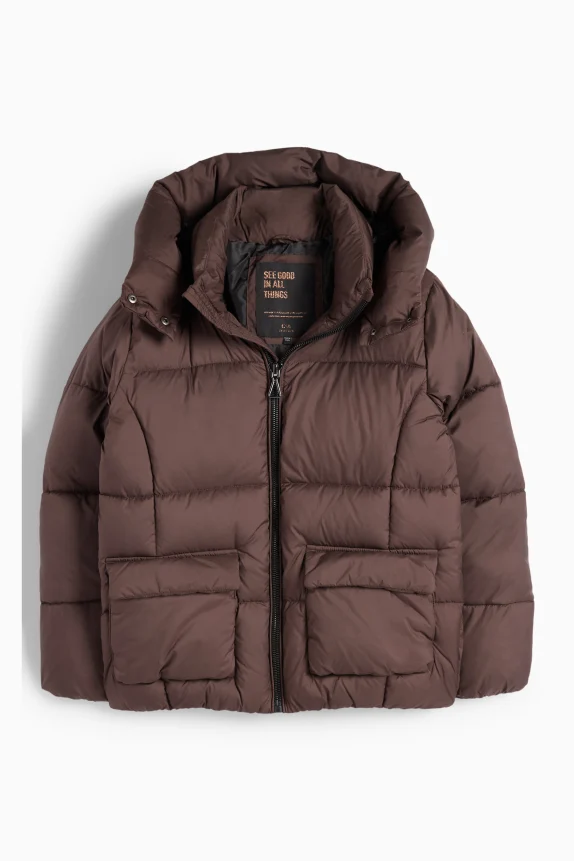 Quilted jacket with hood dark brown