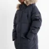Down jacket with hood and faux fur trim dark blue