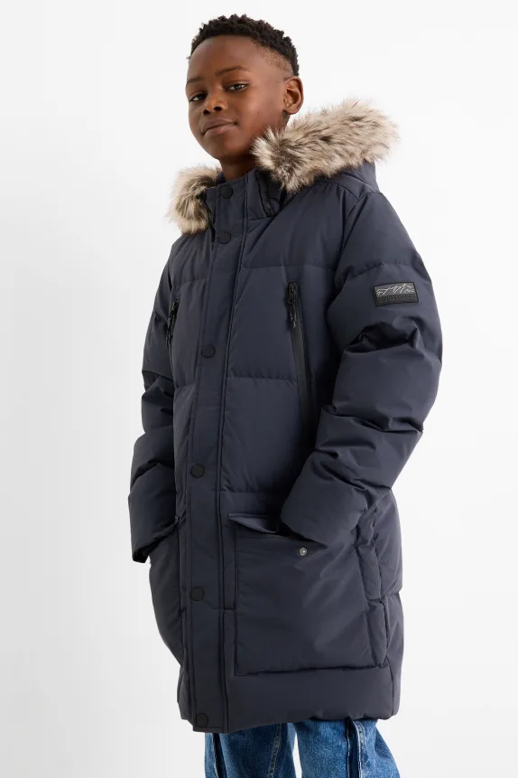 Down jacket with hood and faux fur trim dark blue