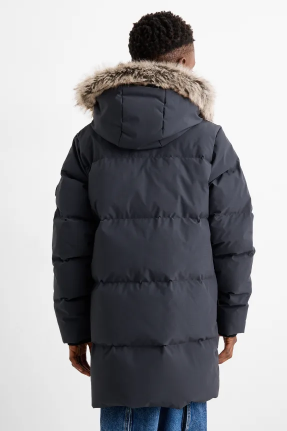 Down jacket with hood and faux fur trim dark blue