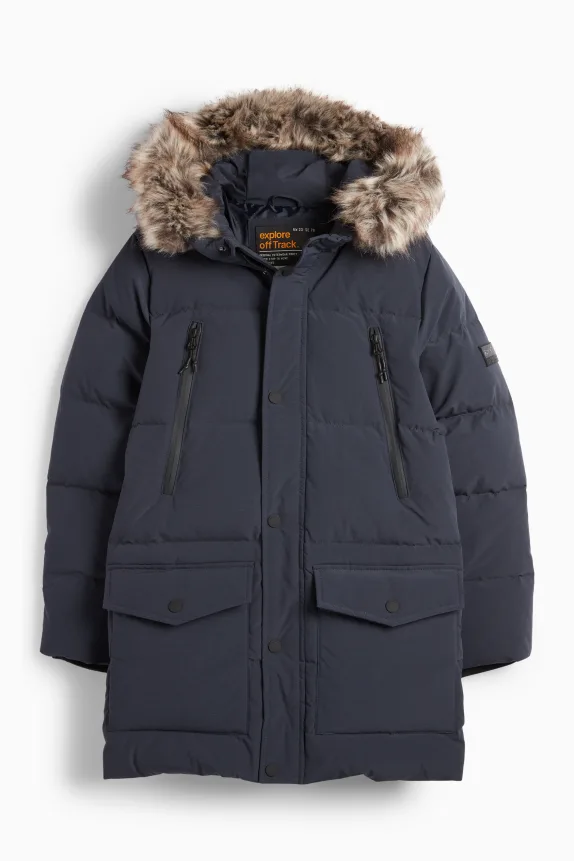 Down jacket with hood and faux fur trim dark blue