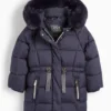 Quilted jacket with hood and faux fur trim - water-repellent dark blue